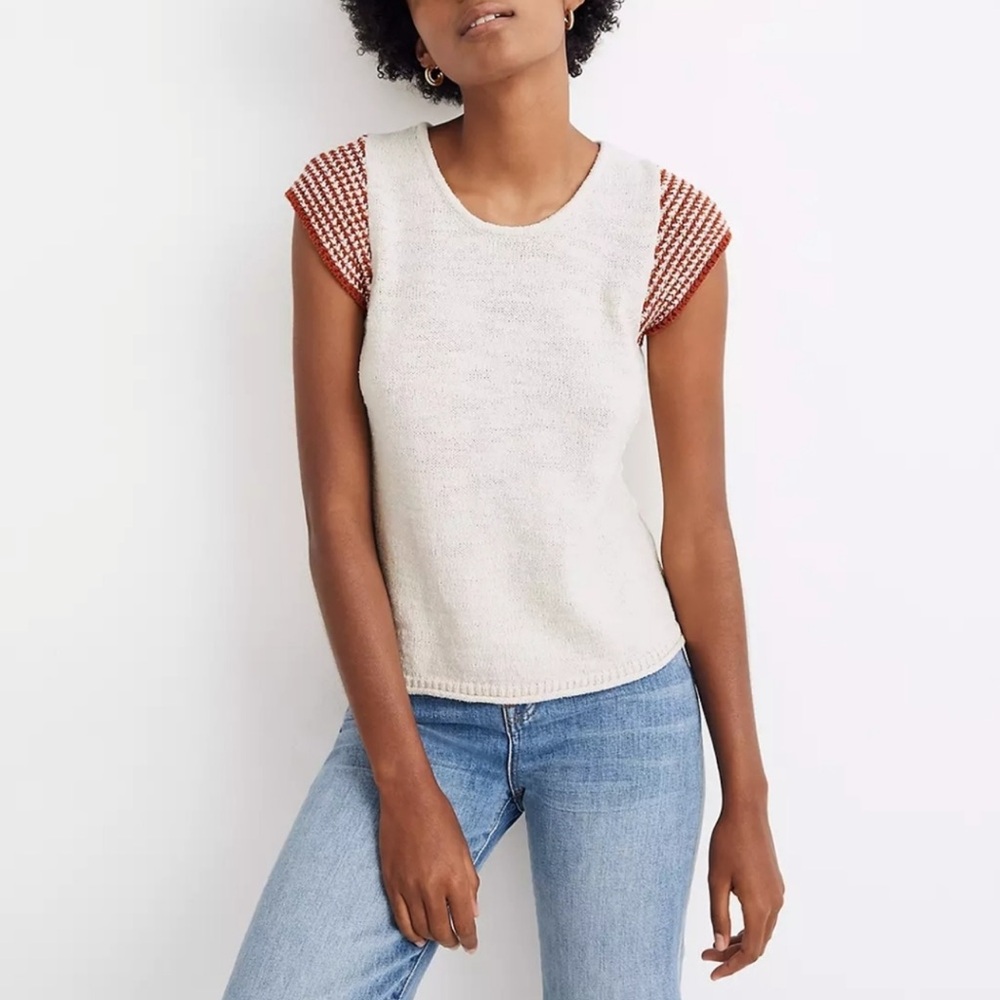 NWT Women’s Madewell Kimble Pullover Short Sleeve Sweater Ivory/Rust Size S